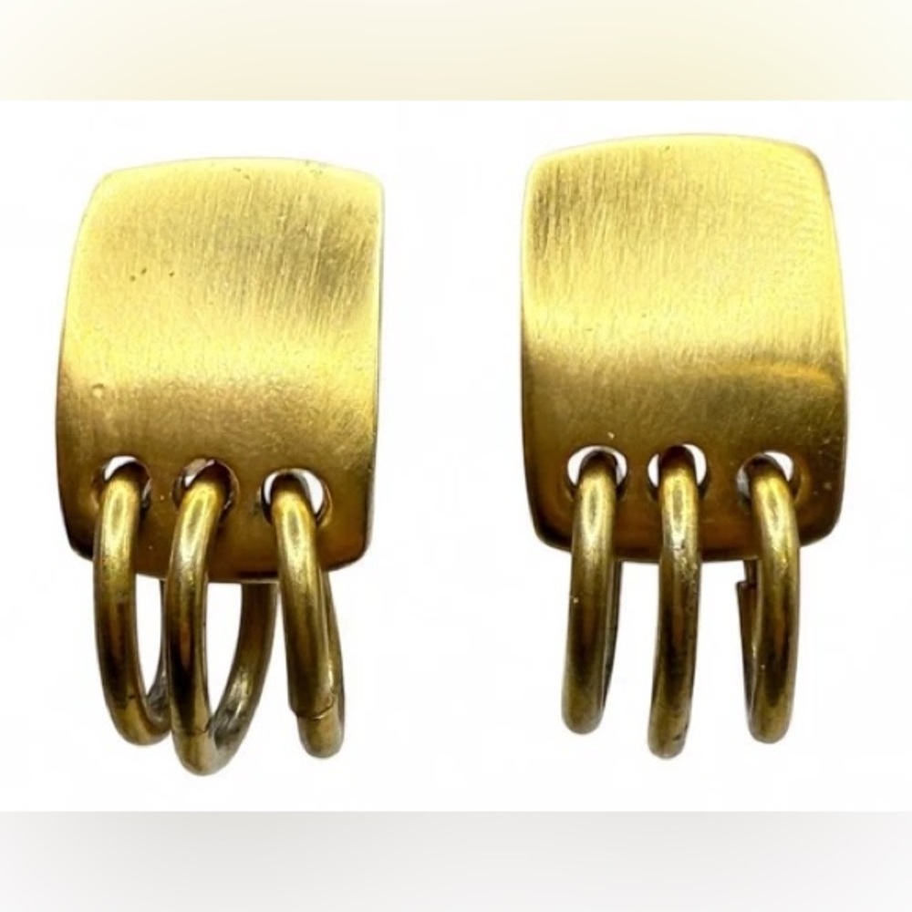 Vintage 80’s 90’s Modernist Matte Gold Tone Earrings Clip Geometric Hoop Dangle